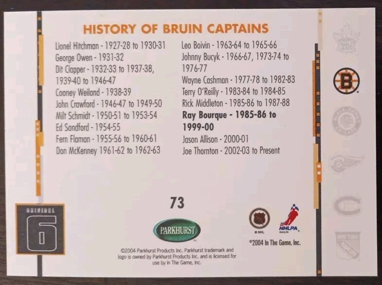 2003 - 2004 Parkhurst Raymond Bourque Original Six Bruins #73 Hockey Card - Image 2 of 2