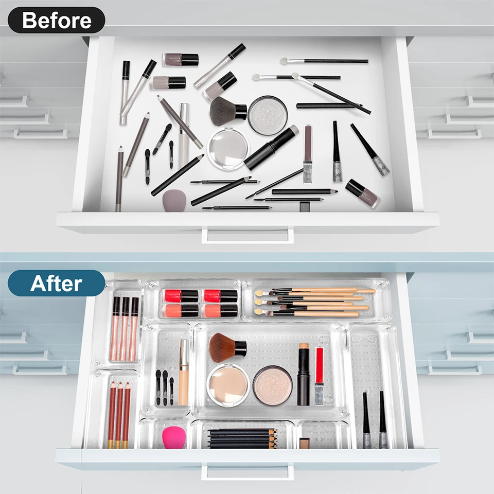 25PCS Draw Organiser Plastic Box Desk Drawer Fridge Trays Makeup Storage Divider - Image 3 of 4