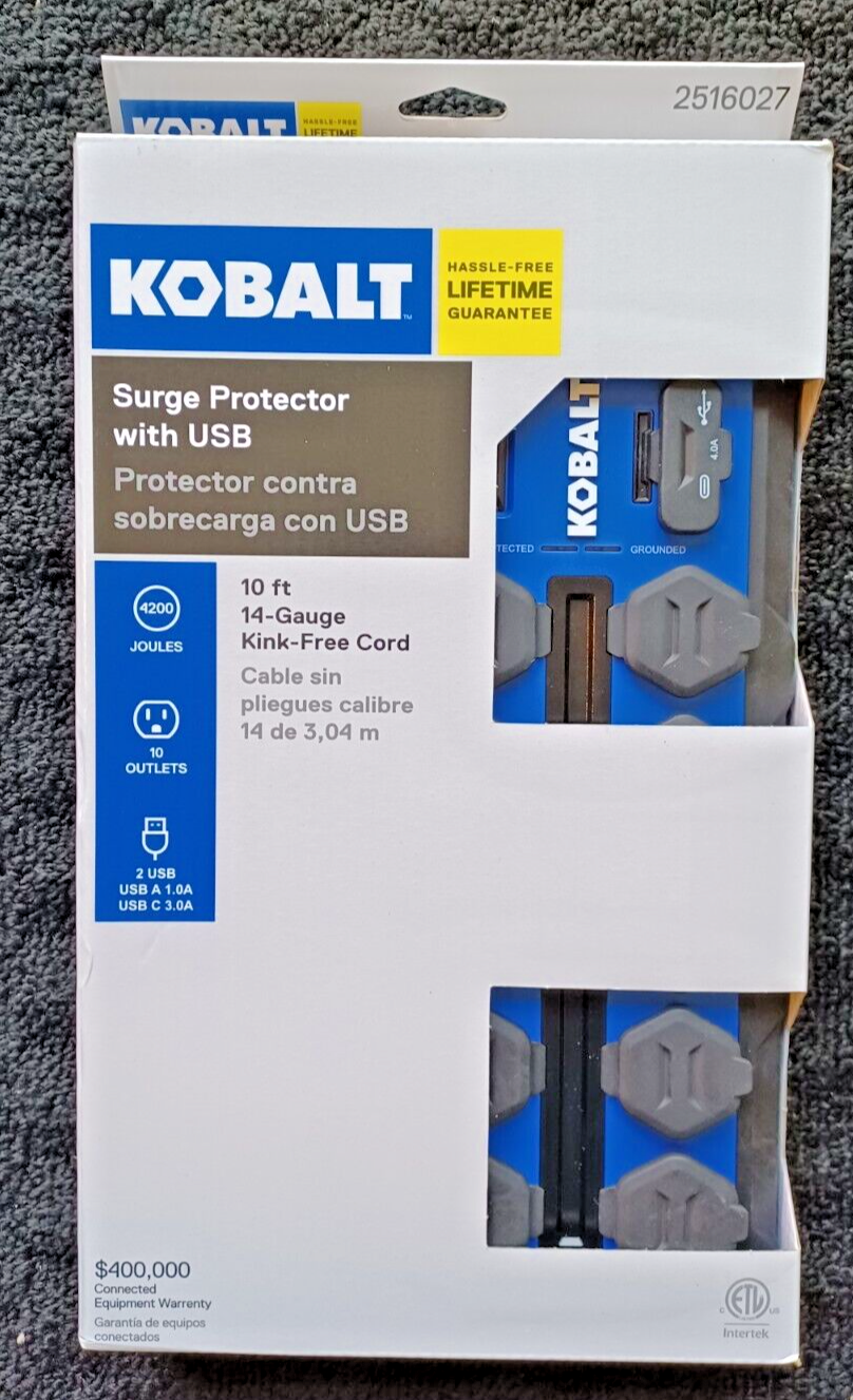Kobalt 10Outlet 2USB Ports Blue Power Strip Surge Protector Brand New