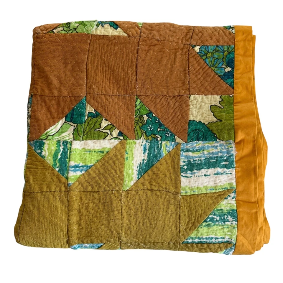 Винтажный ручной работы лоскутное одеяло Starburst медвежий коготь узор цветной 1970-х ретро 64 x 65 - Изображение 4 из 4