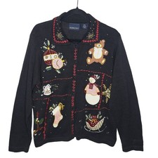 Vintage Christmas Cardigan Sweater Large Beaded Embroidered Collared Cottagecore