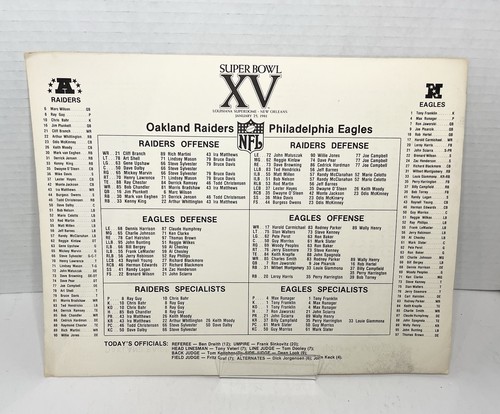 Vintage NFL Super Bowl XV 1981 Roster Lineup Cardstock Sheet Raiders vs Eagles - Picture 1 of 4