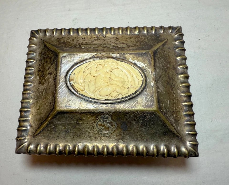 antique 1928 WMF silverplate carved wood lined cigarette dresser box - Image 4 of 4