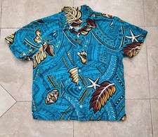 Vintage Bright Turquoise Barkcloth Hawaiian Camp Shirt Shells Leaves Men's M