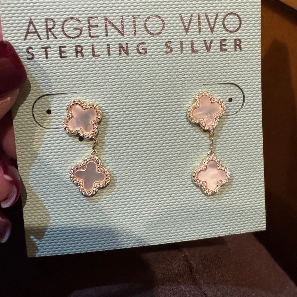 Pendientes Perforados Trébol Circonita Circonita Cz Plata y Rosa Argento Vivo Foto 2 de 3