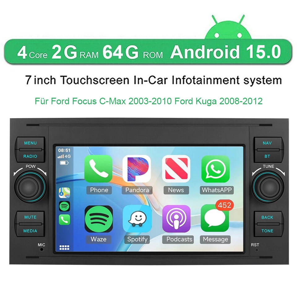 DAB+ Für Ford Focus C-Max DM2 Kuga Android 15 Autoradio Carplay GPS Navi 2+64GB - Bild 3 von 4