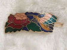 1 Vintage Cloisonne Barrettes Rose Butterfly Design Retro Look