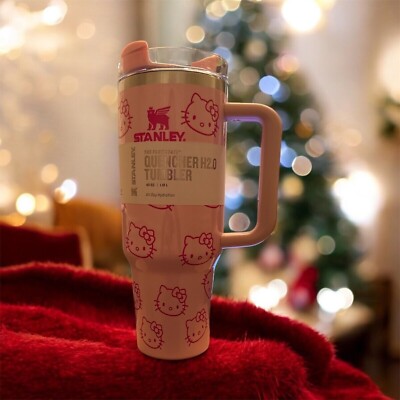 NEW 40 oz Travel Tumbler Cup H2.O Stainless Steel Handle Straw Pink Hello Kitty.