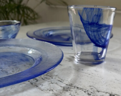 Vintage Blue And Clear Swirl Glass 2 Plates, 1 Bowl And 1 Glass | eBay