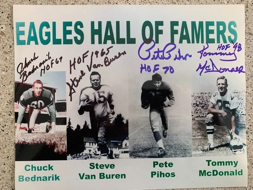 PHILADELPHIA EAGLES DEC SIGNED HOF 8X10 PIHOS CHUCK BEDNARIK VAN BUREN MCDONALD