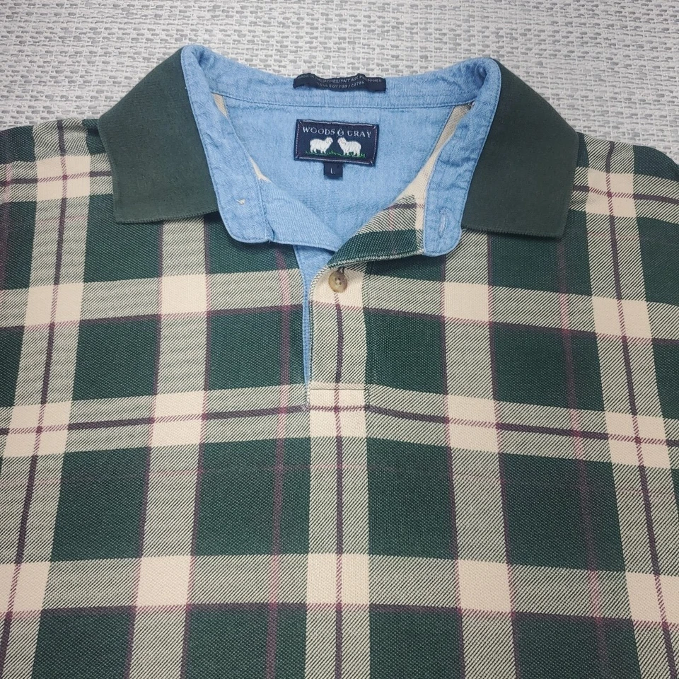 Винтажный Woods серый длинным рукавом рубашка-поло мужской большой зеленый клетку дерева прочная тема - Изображение 4 из 4