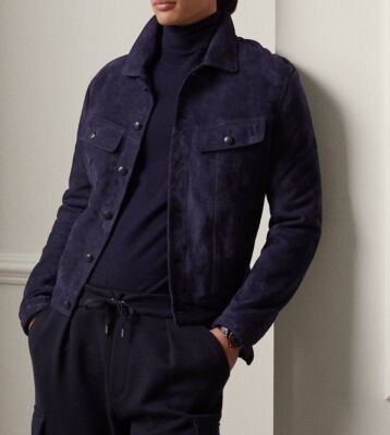 Mens Navy Blue Leather Trucker Jacket Pure Suede Custom Made Size S M L XL -085