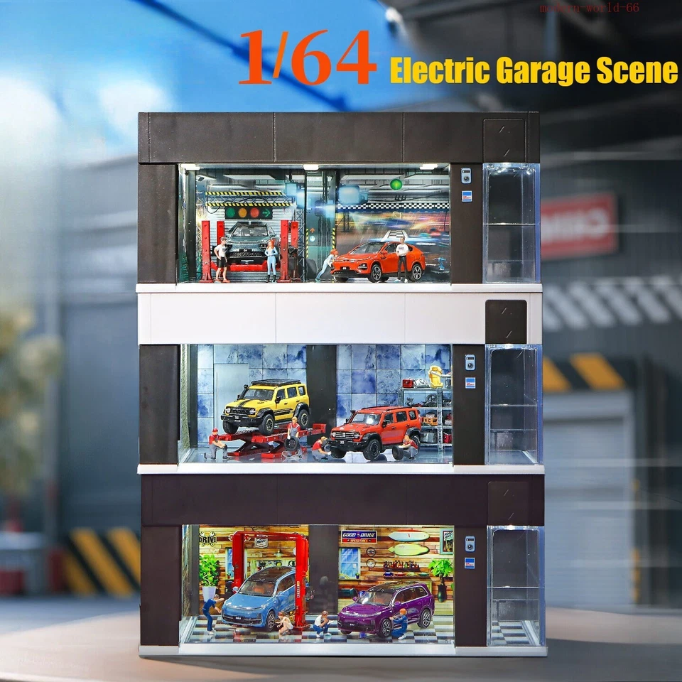 Diorama 1/64 Smart Door Opening Garage Model LED Parking Lot Display Case Toy - Image 2 of 4