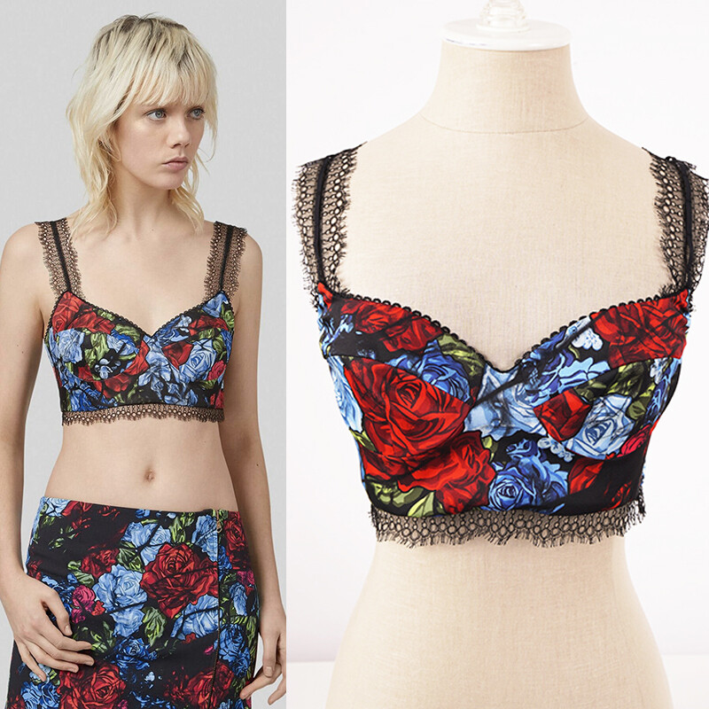 ブラジャー VERSACE VERSACE ALLOVER JACQUARD CANVAS BRALETTE TOP 38 NEW $750 VERSACE Blue Floral Roses Silk RUNWAY PRINT Lace