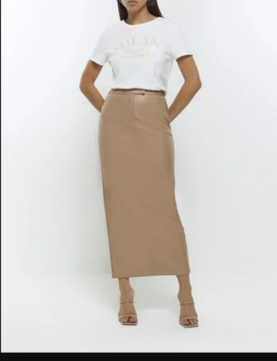 Petite Brown (light) PU Column Midi Skirt Faux Leather Tailored