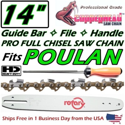 COPPERHEAD 14'' BAR, FULL CHISEL SAW CHAIN & FILE, POULAN PRO 3/8 LP, .050, 52 DL