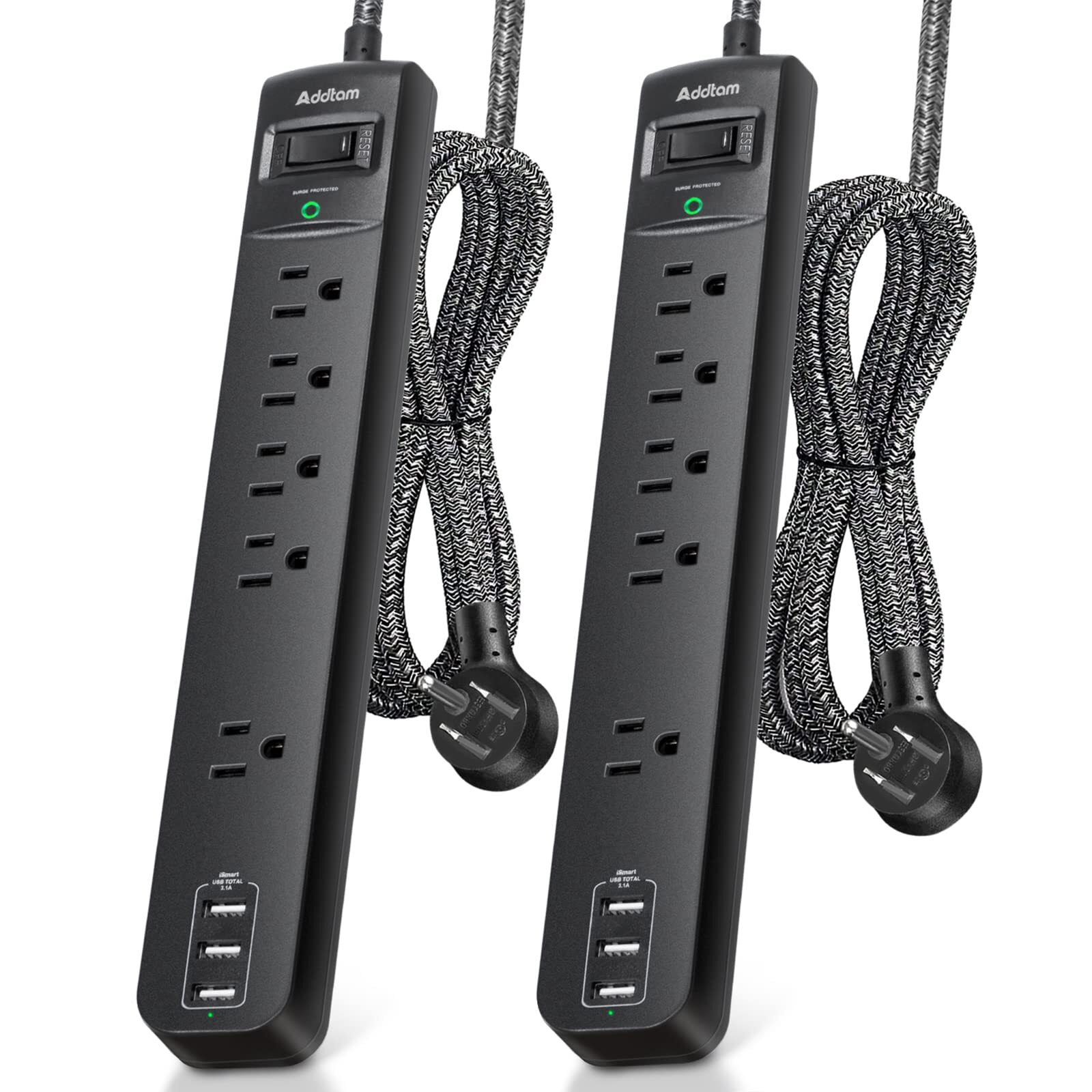2 Pack Power Strip Surge Protector - 5 Widely Spaced Outlets 3 USB Charging P...