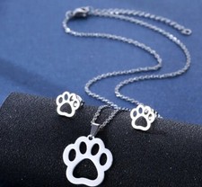 Paw Animal Dog Cat Sterling Silver Stud Earring Pendant Necklace Jewelry Set