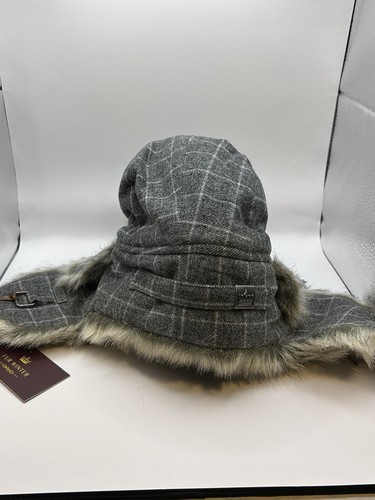 Fur Winter Wool Plaid Gray/White/Gray Faux Fur Trapper Hat - Size S/M - Picture 4 of 6