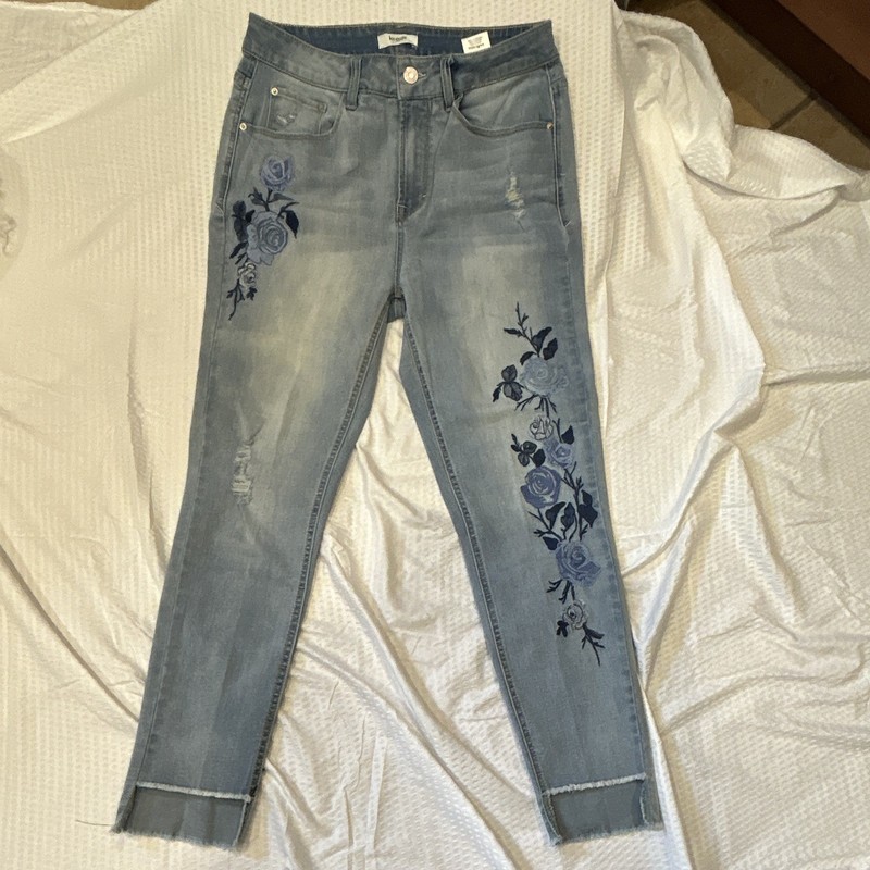Kensie Women’s Skinny Jeans Light Blue Denim Floral Embroidered Distressed sz 8