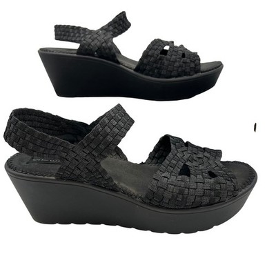Steven Baye Wedge Sandals Womens 9.5 Black Woven Elastic Platform Slingback