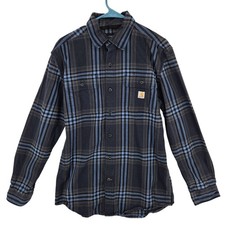 Carhartt Flannel Shirt Mens Small Blue Black Plaid Loose Fit Button Up Fall 2023