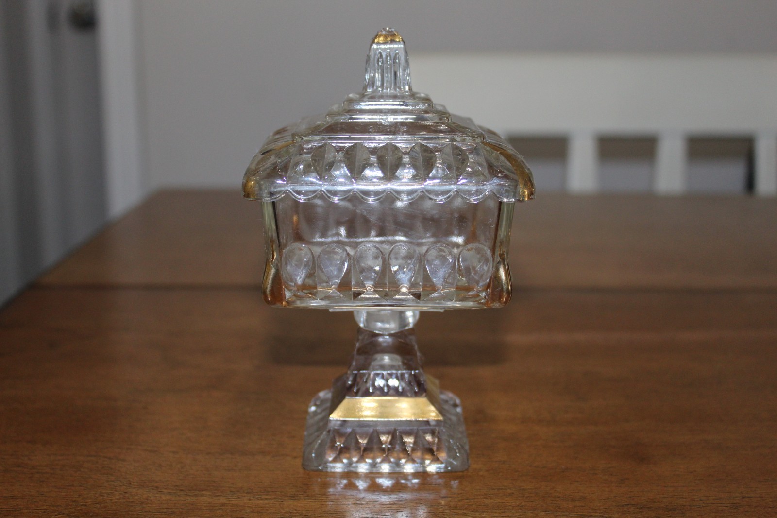 Vintage Jeanette Glass Covered Pedestal Wedding Box/Candy Dish/Compote Gold Trim