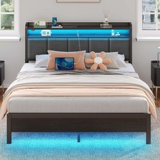 Queen Bed Frame with LED Lights, Upholstered Headboard, Charging Station, Sto...