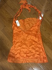 ASTR The Label Orange Allexina Satin Cowl Neck Top Women's Size Large New NWT