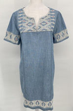 Madewell Dress Womens Medium Blue Chambray Aztec Embroidered Shift Prairie Boho