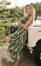 NWT Sole Green Abstract Print One-Shoulder Ruffle Tiered Maxi Dress small $188