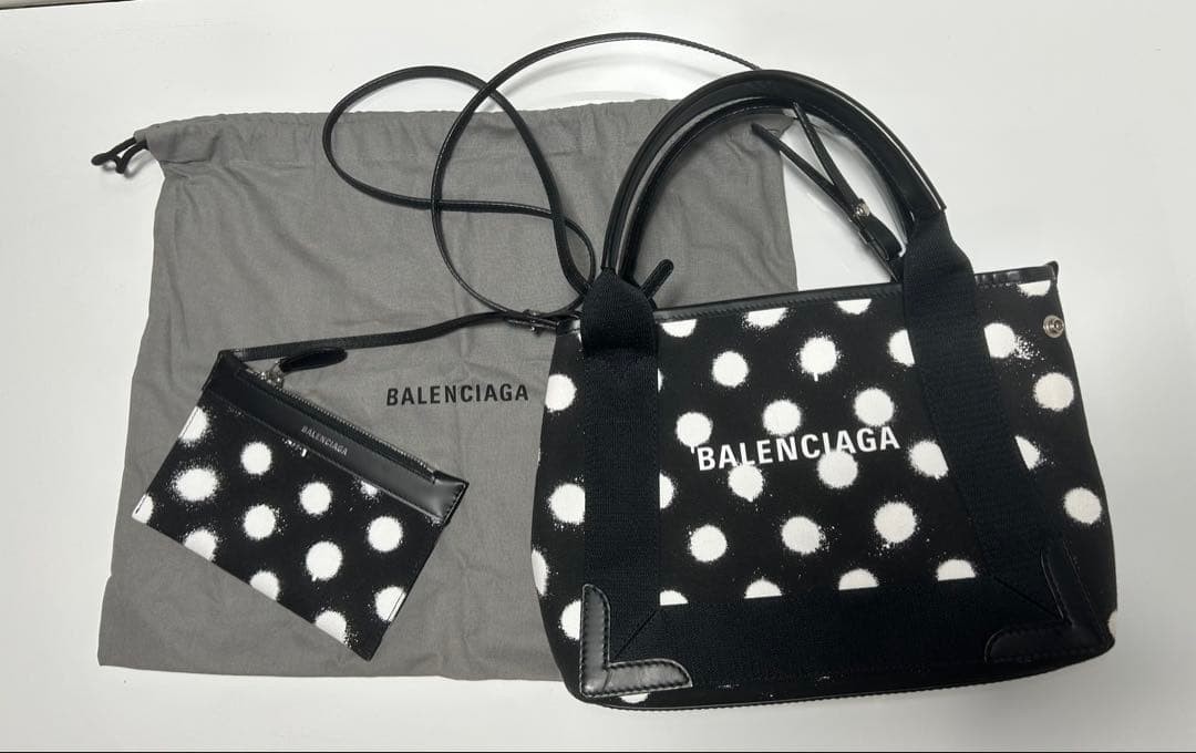 Balenciaga Navy Cabas Small Tote Bag Spray Dot Pattern Black