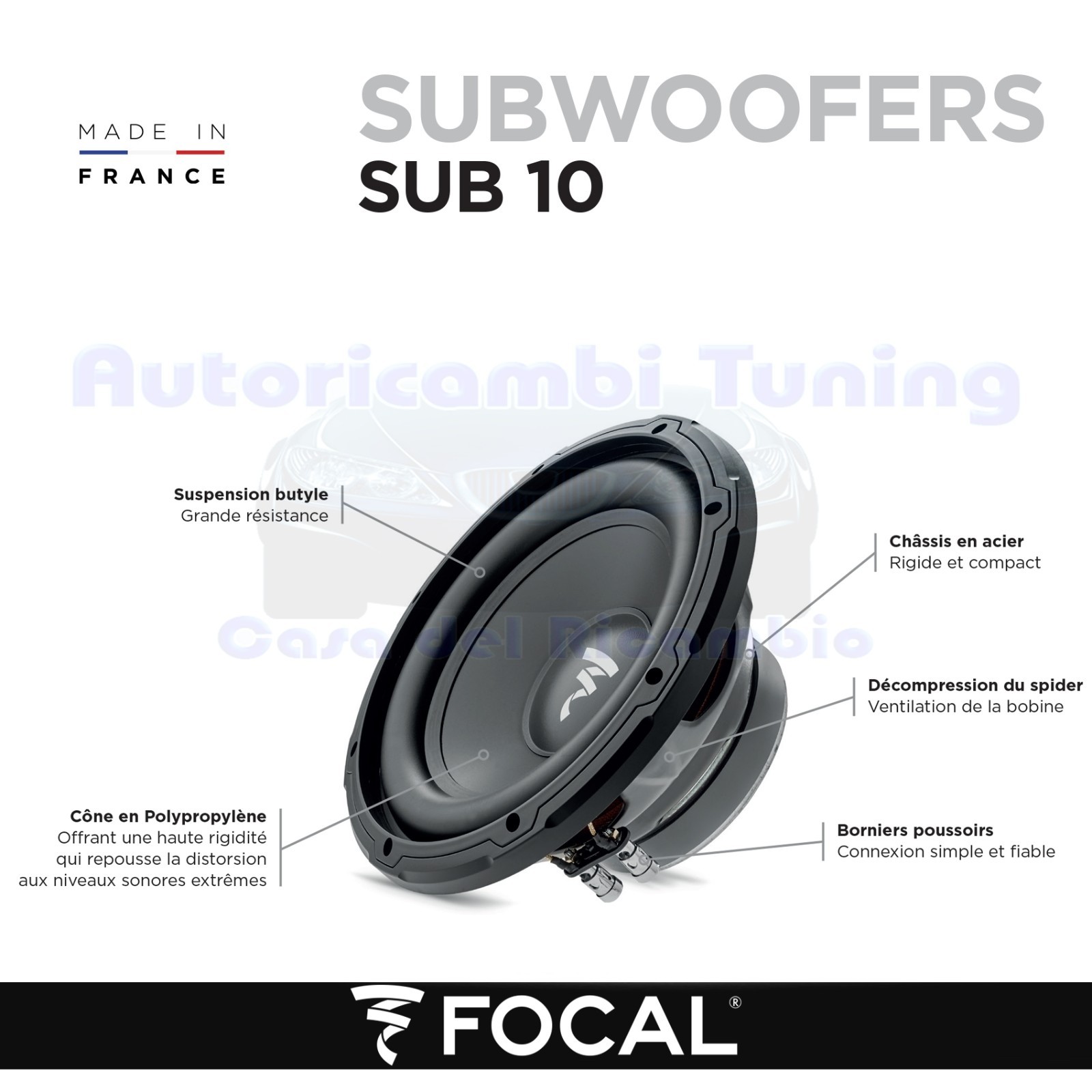 Subwoofer Focal SUB10 10" 25cm 500W | Bassi Potenti per la tua Auto