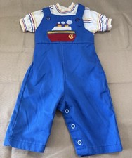 Vintage 70s Health-Tex Blue Boat Overalls Primary Color Stripe Shirt Set 3mo