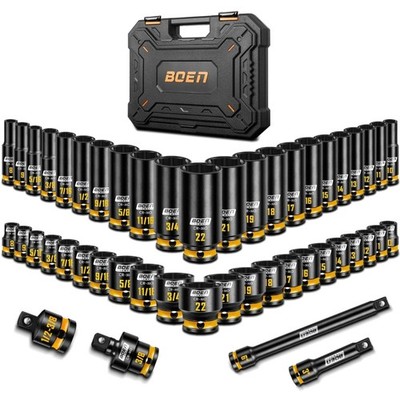 3/8'' Drive Impact Socket Set, 48-Piece Metric & SAE Size 8-22mm & 5/16''-3/4'',...