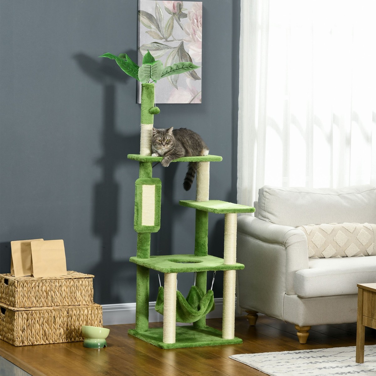 Cat Tree for Large Cats Adult w/ Hammock, Cat Tower, Green