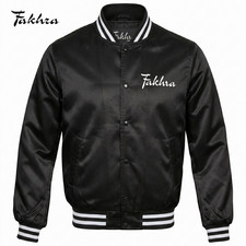 Solid Black Satin Varsity Letterman Bomber Baseball Jackets Rib black & White