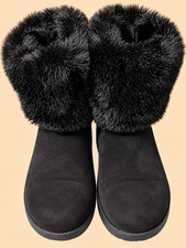 UGG Women s Black Suede Ankle Bootie Faux Fur Trim Bow Pull On 9M
