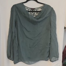 Womens Green Solid Silk Chiffon Sheer Lace V-...