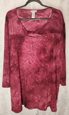 CATHERINES Women's Starlight Pullover Top Plus Sz 4X Burgundy Sequins 3/4 Sleeve