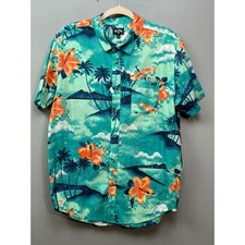 Billabong Sundays Flor Mens Large Aqua Tropical Hibiscus Button Down Shirt NEW