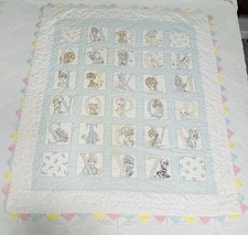 Vtg Precious Moments Blue Baby Quilt Toddler Blanket ABC's Alphabet 48X39 READ 