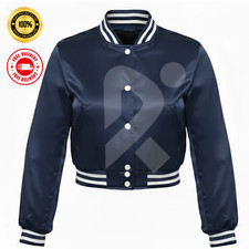 Women's Navy Blue Satin Cropped Varsity Jacket White Stripes Bomber Jacket