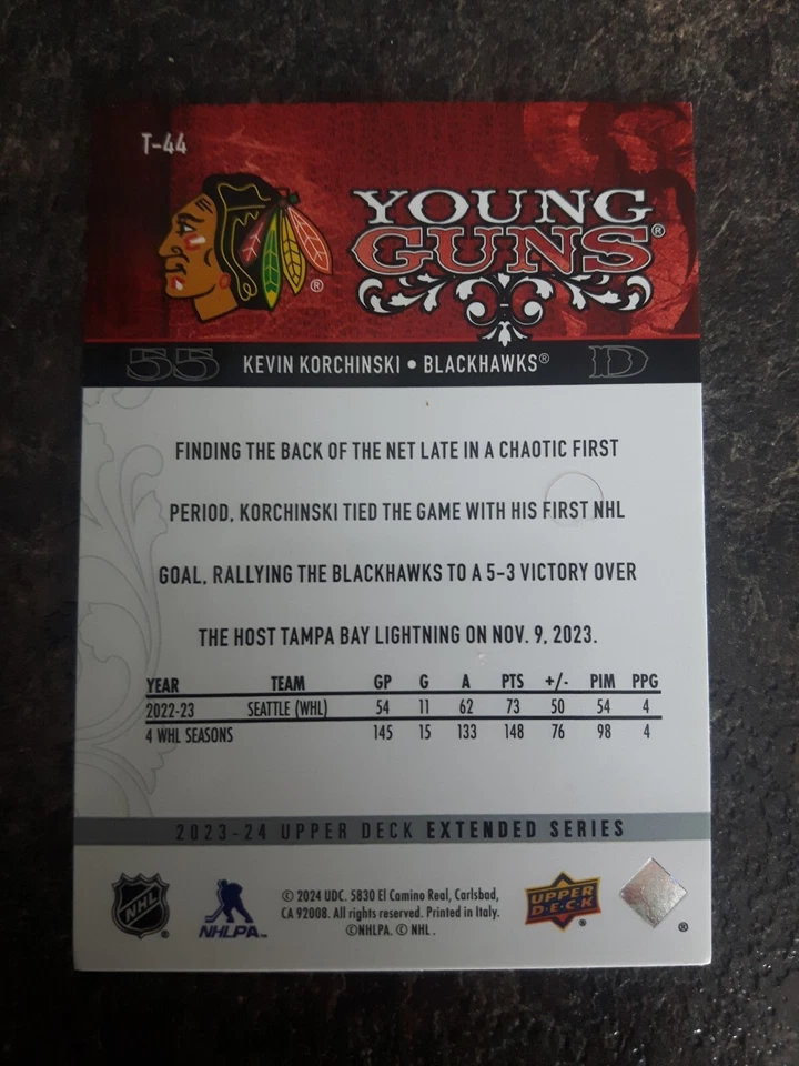 2023-24 Upper Deck Extended Series Young Guns Retro Tribute Kevin Korchinski T44 - Image 2 of 2