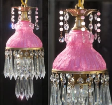 Vintage rose pink lady cupcake glass Cut crystal Brass SWAG lamp chandelier