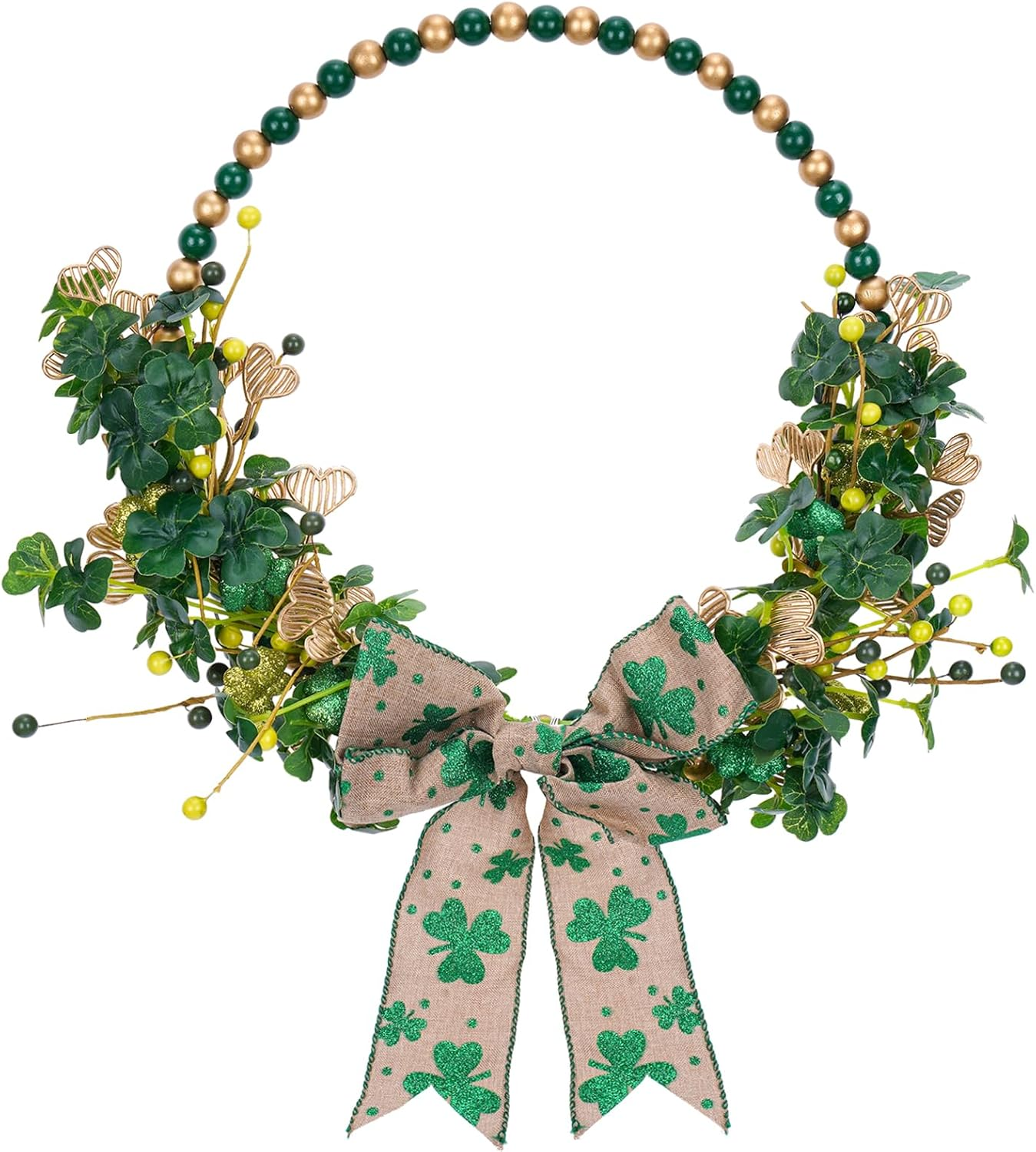 St Patricks Day Wreath Decorations - 12 Inch Wooden Beaded Shamrock Wreath with