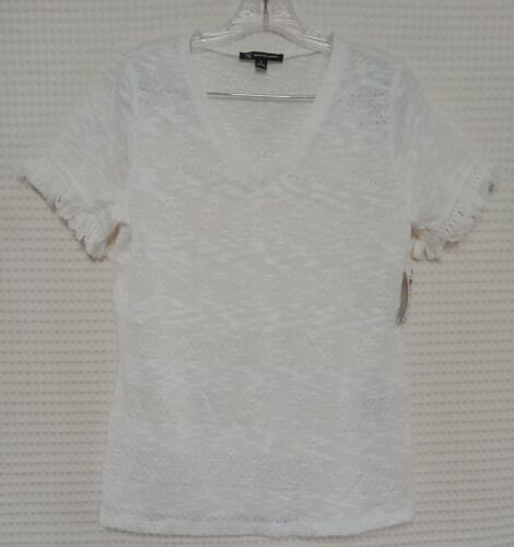 INC NEU Damen hellweiß Fransenbesatz offen Strick T-Shirt Freizeit Shirt Top M TEDO
