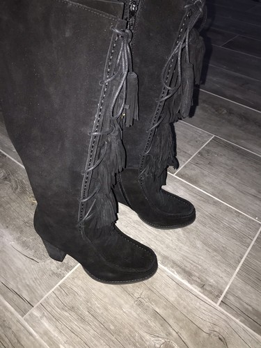 Neu Joyfolie Cheyne Damen hohe Stiefel schwarz Veloursleder Schnürung Quasten 6 - Bild 5 von 12