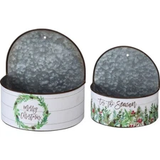 Metal Wall Pocket Set 2~"Merry Christmas & Tis The Season"~Hangs or Sits~Bucket