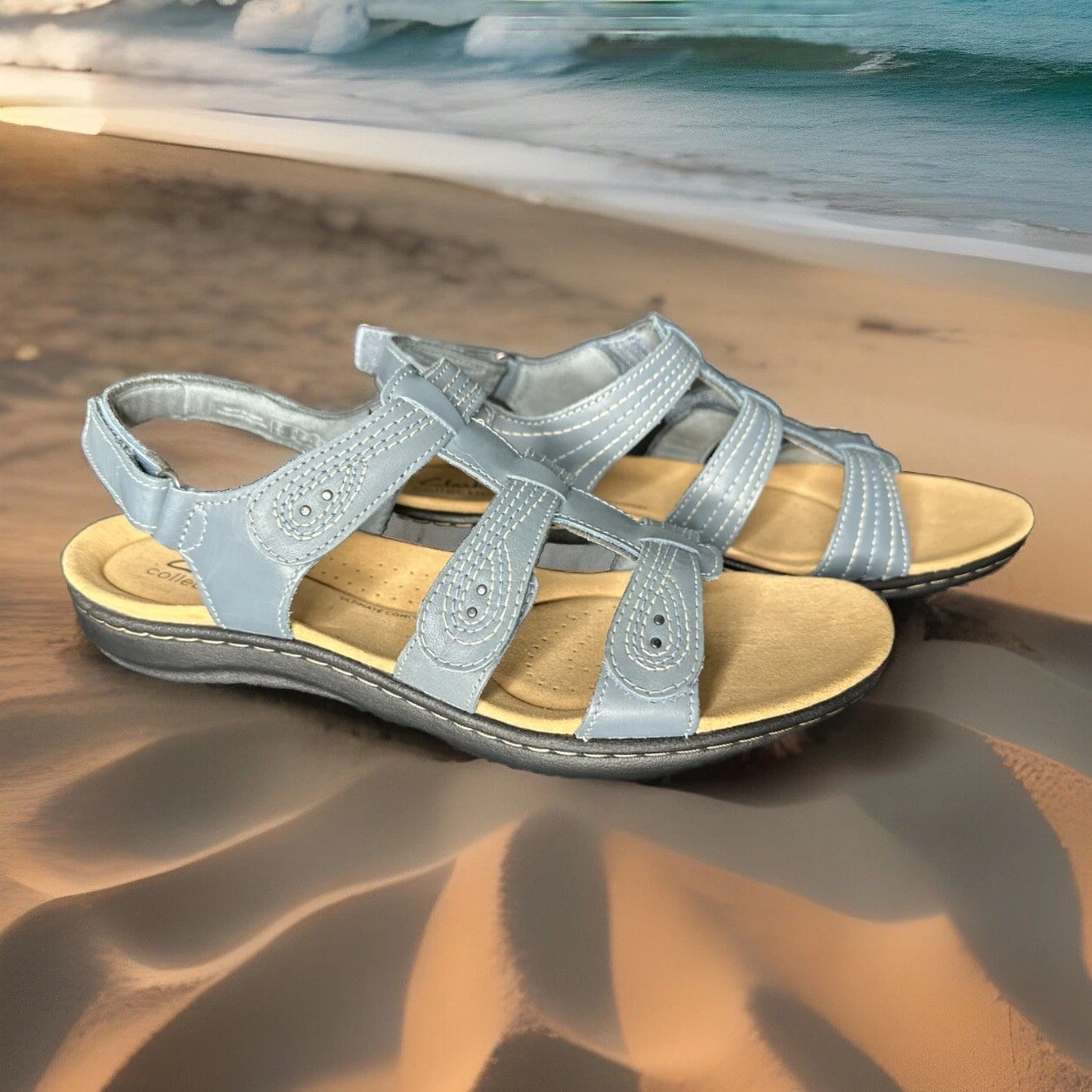 Sandali Clarks Collection Laurieann Vine in pelle blu grigio Donna 11 **NUOVI**